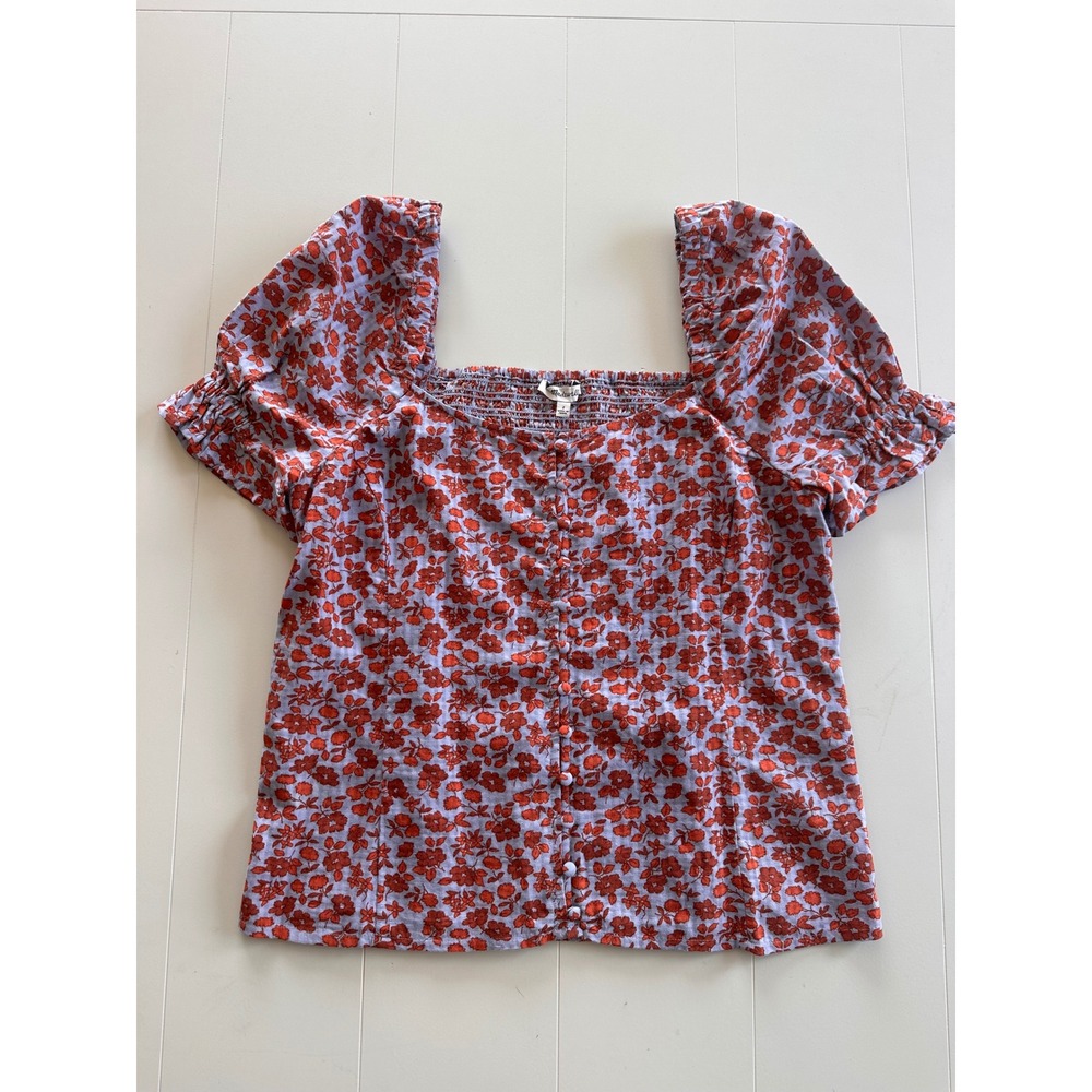 Madewell Womens Red Floral Smocked Puff Sleeve Button Front Cotton Top Size 2